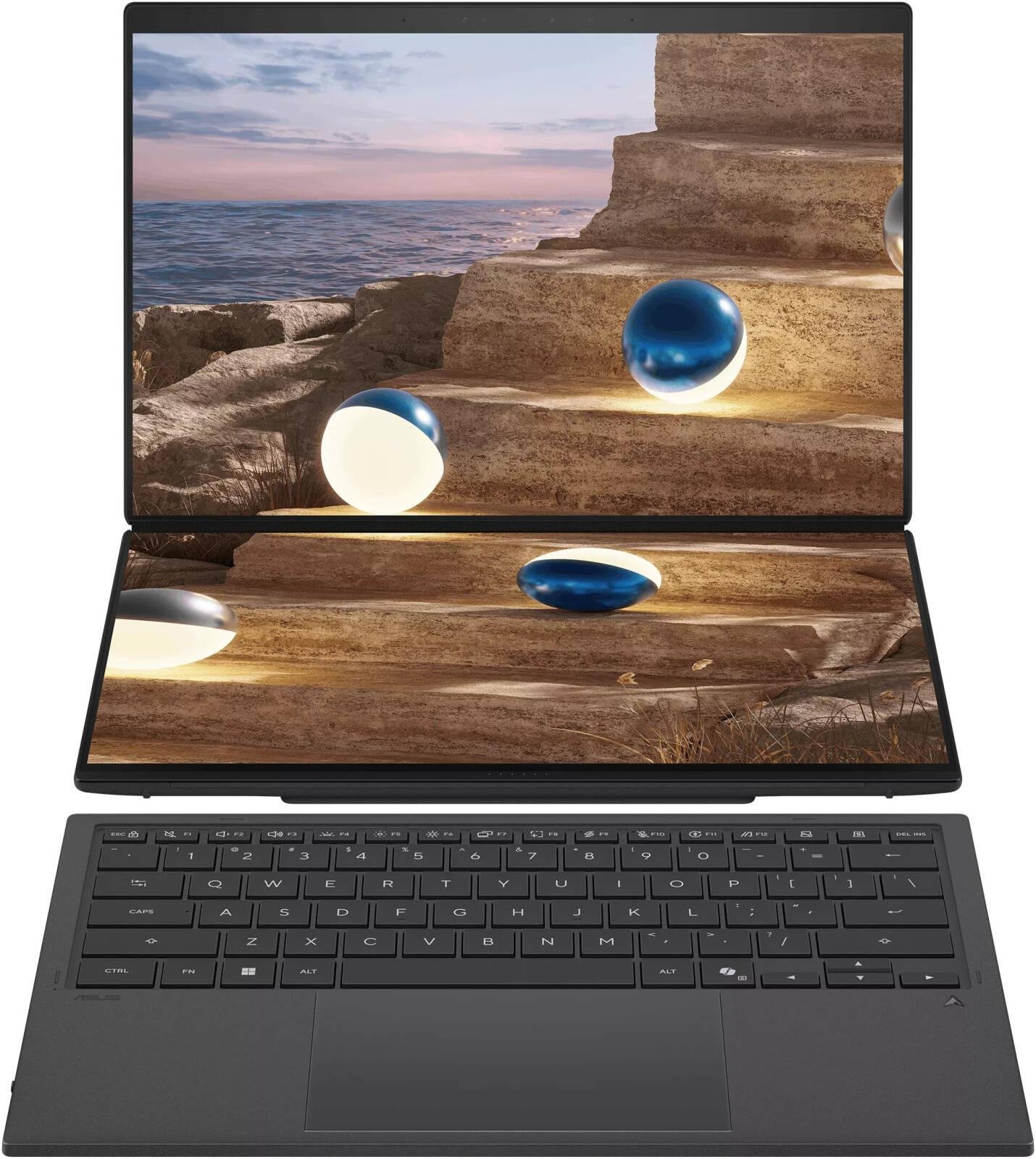 ASUS Zenbook DUO UX8407AA Copilot+ Laptop, 14" 3K OLED 144Hz Touch Display, Intel Core Ultra 7 355, 32GB RAM, 1TB SSD, Intel Graphics, English-Arabic K/B, Win11, Moher Gray | 90NB16V1-M008N0