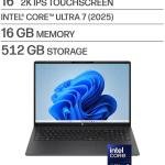 HP OmniBook 3 Laptop Next Gen AI, 16" 2K Touchscreen Display, Intel Core Ultra 7 255U, 16GB RAM, 512GB SSD, Intel Graphics, English Backlit Keyboard, Windows 11 Home, Mica Silver | D7NF0UA